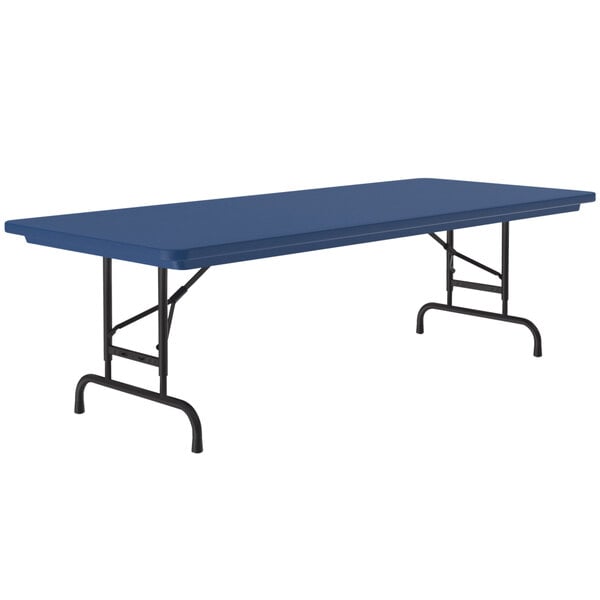 A blue rectangular Correll folding table with black legs.