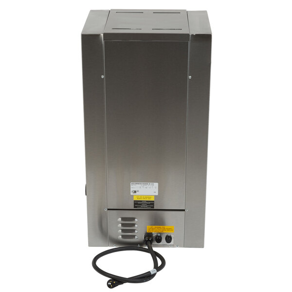 A silver rectangular stainless steel Hatco Toast King vertical conveyor toaster with a black cord.