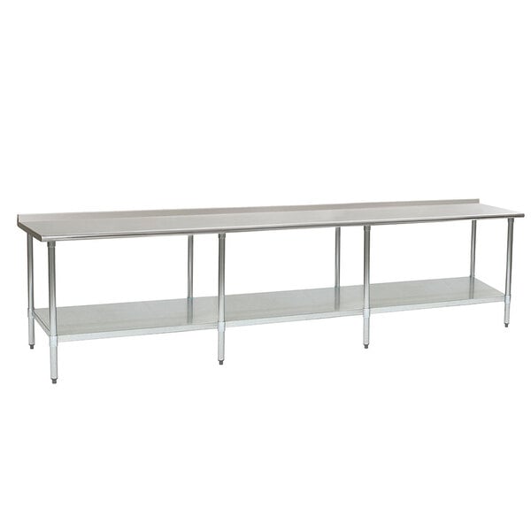 A long silver table with a shelf.