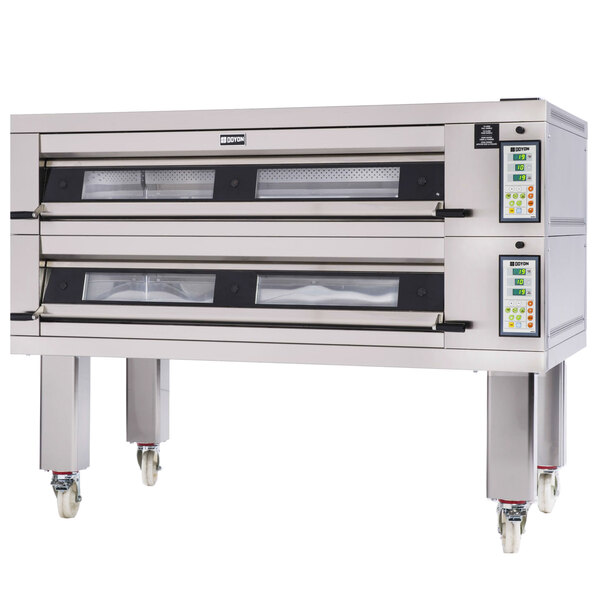 A Doyon bakery deck oven with three doors.