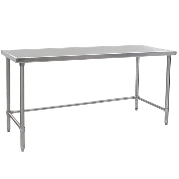 An Eagle Group stainless steel work table with open legs.