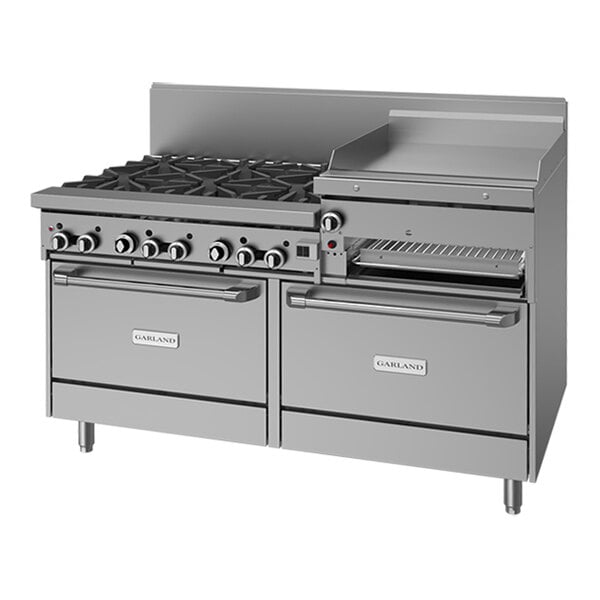 A commercial stainless steel 60-inch range with six burners, a 24-inch raised griddle/broiler, and two standard ovens.