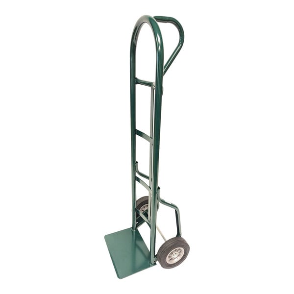 A green Harper steel hand truck with black wheels and a loop handle.