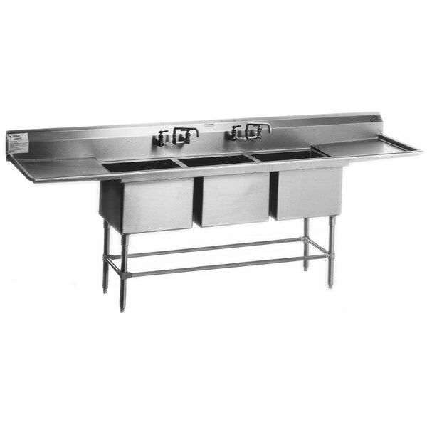 A stainless steel Eagle Group three compartment sink with right drainboard.