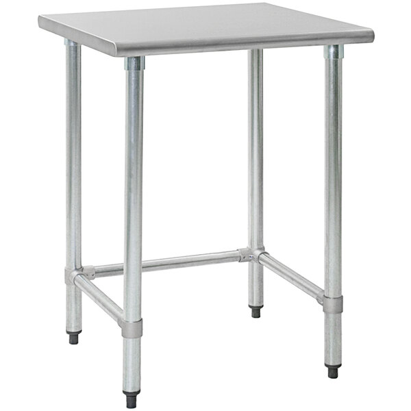 A stainless steel Eagle Group work table with a metal base.