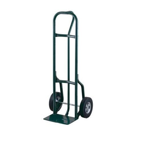 A green metal Harper hand truck with black wheels.