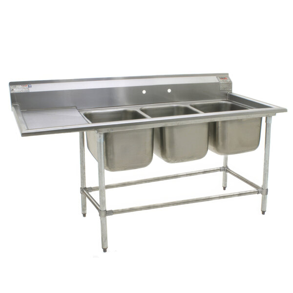 A stainless steel Eagle Group 3 compartment sink with a left drainboard.