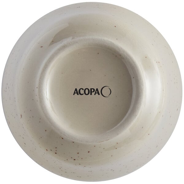 A brown speckled stoneware bouillon cup with a narrow rim and the word "Acopa" written in black.
