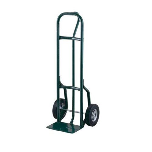 A green metal Harper hand truck with black balloon cushion wheels.