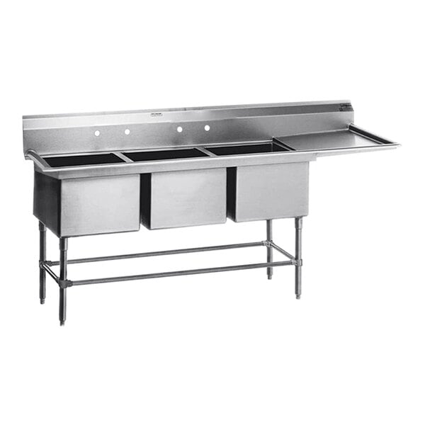 A stainless steel Eagle Group 3-compartment sink with two 20" x 18" sinks and an 18" drainboard.