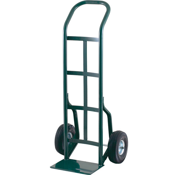 A green Harper steel hand truck with black pneumatic wheels.
