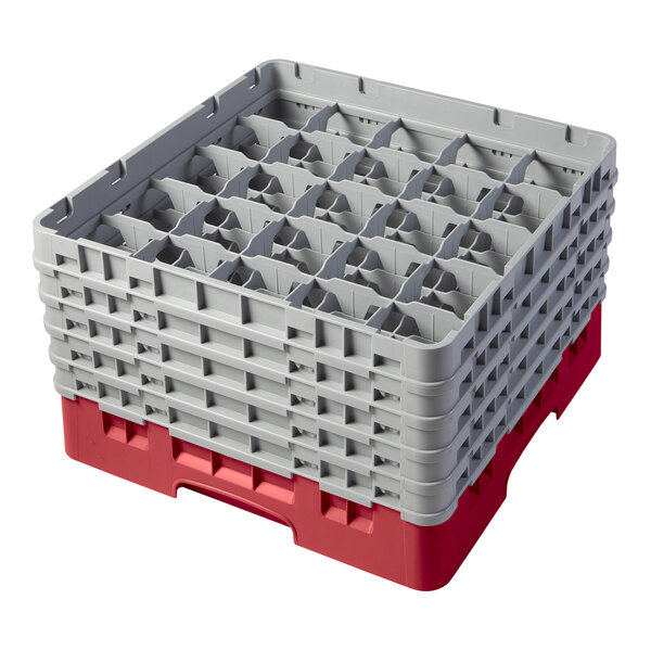 A red and gray plastic Cambro glass rack with extenders.