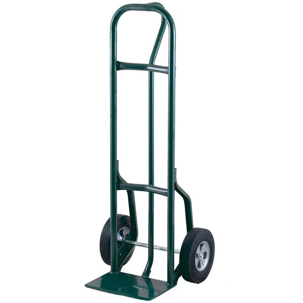 A green Harper steel hand truck with black wheels.