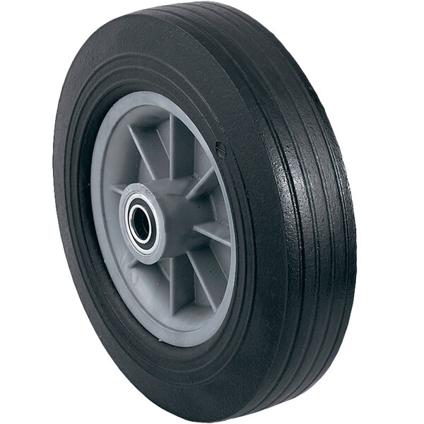 A black wheel with a grey rim on a Harper hand truck.