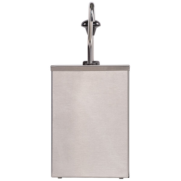 A stainless steel Carlisle condiment dispenser with a black handle.