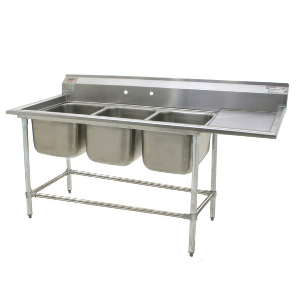 A stainless steel Eagle Group 3 compartment sink with a right drainboard.