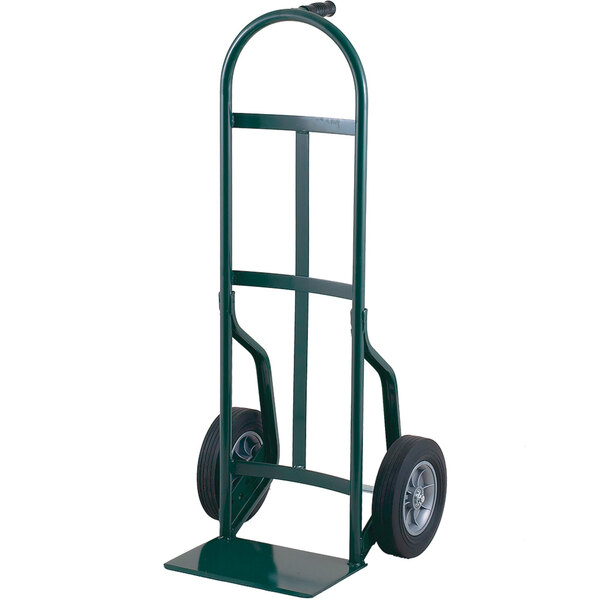 A green Harper steel hand truck with black wheels.