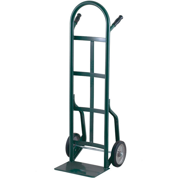 A green Harper steel hand truck with wheels and handles.
