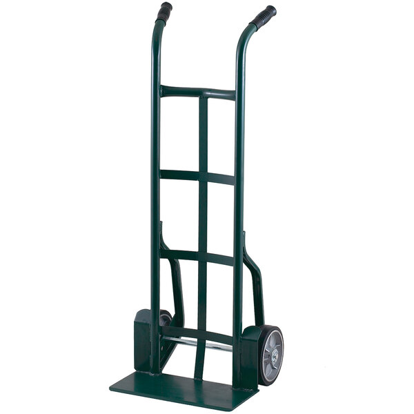 A green Harper steel hand truck with black wheels.