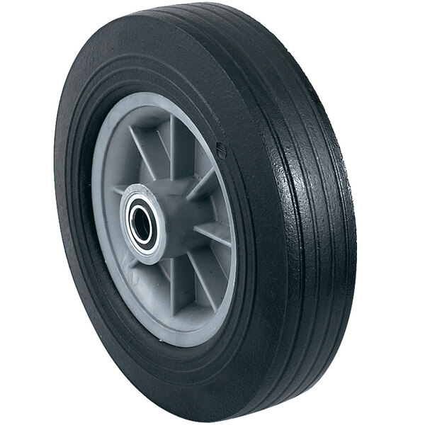 A black wheel with a grey rim on a Harper dual handle hand truck.