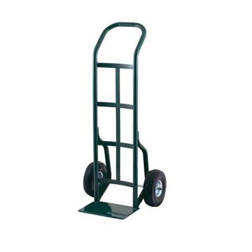 A green Harper hand truck with black wheels.