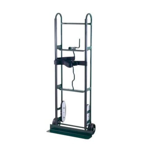 A green Harper hand truck with wheels and a belt tightener.