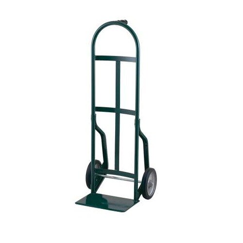 A green Harper steel hand truck with black handles and solid rubber wheels.