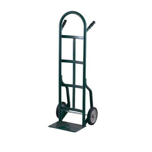 A green Harper steel hand truck with wheels.