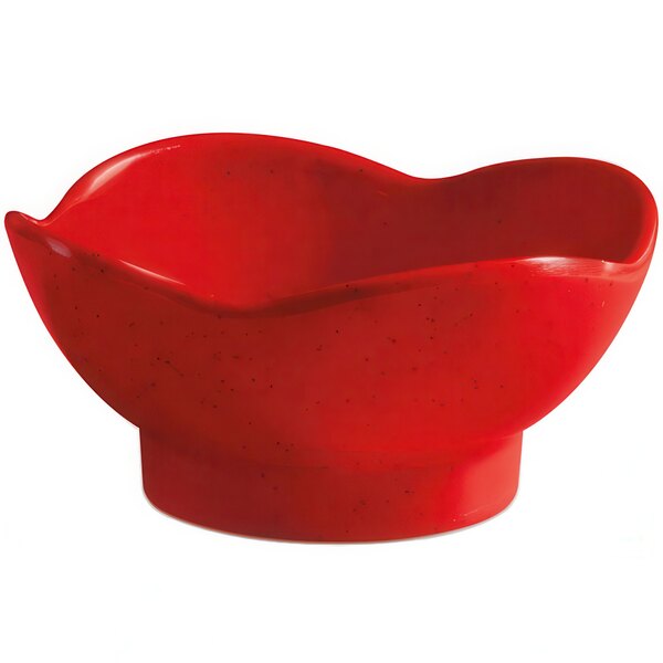 A red GET Petite Scallop Bowl with a lid on top.