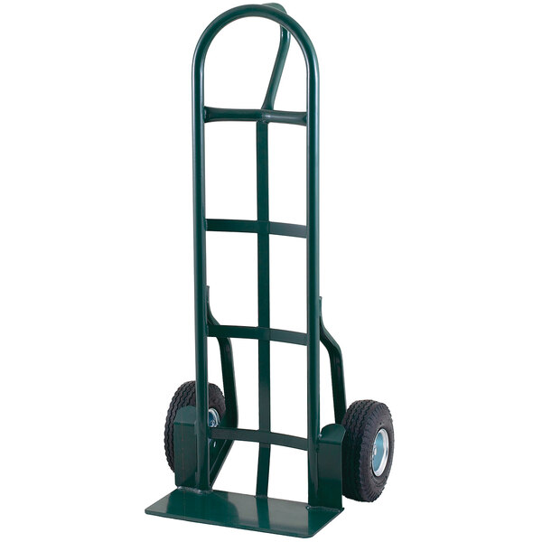 A green Harper steel hand truck with pneumatic wheels.