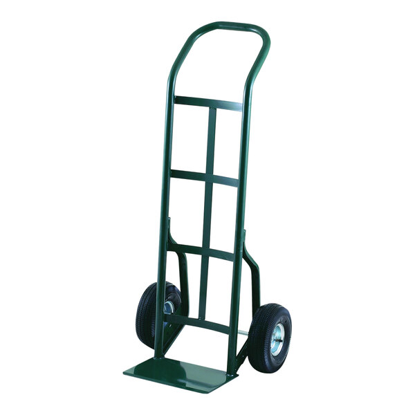 A green Harper steel hand truck with black wheels.