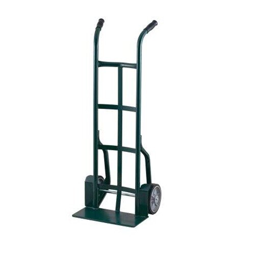 A green metal Harper hand truck with 8" x 2" rubber wheels.