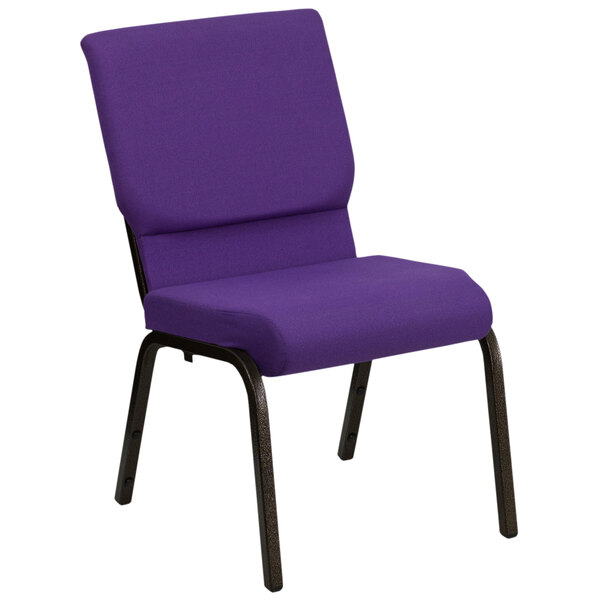 A Flash Furniture purple church chair with metal legs.