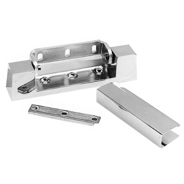 A metal hinge kit with a spring and screws.