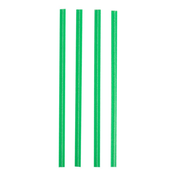 Four green twist ties are arranged vertically on a white background.