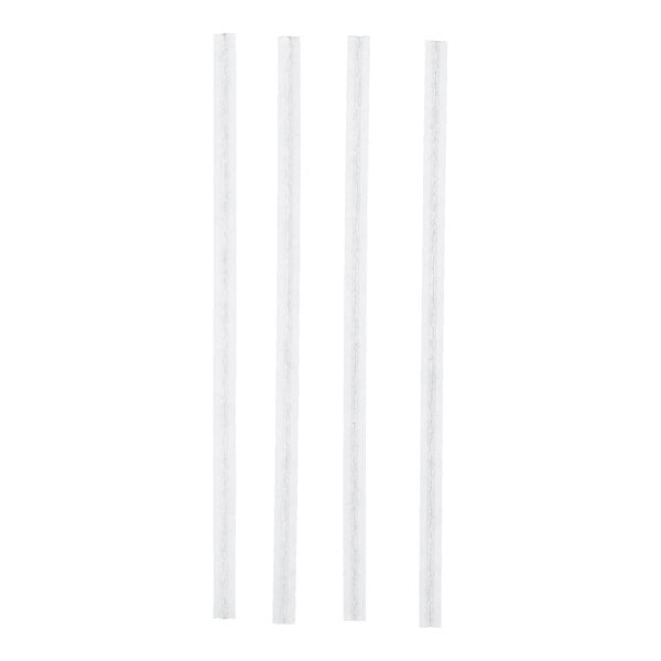 Four white twist ties are arranged vertically on a plain white background.