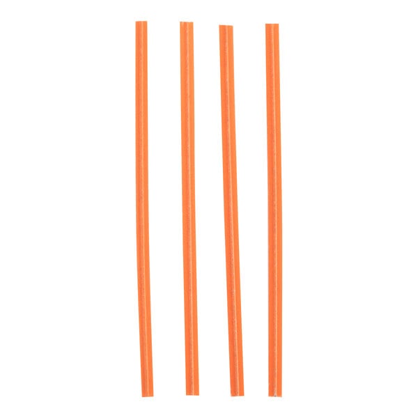 Four orange twist ties are arranged vertically on a white background.