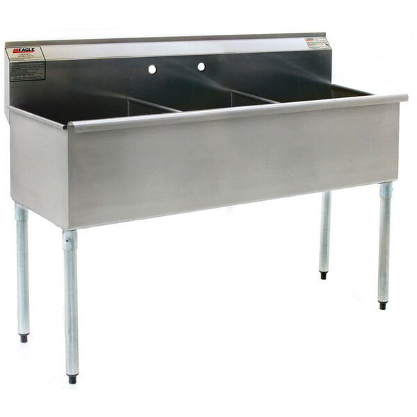 A stainless steel Eagle Group three compartment commercial sink with two drainboards.