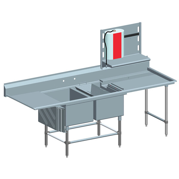 A stainless steel Eagle Group commercial prep sink with two large bowls and a drainboard.