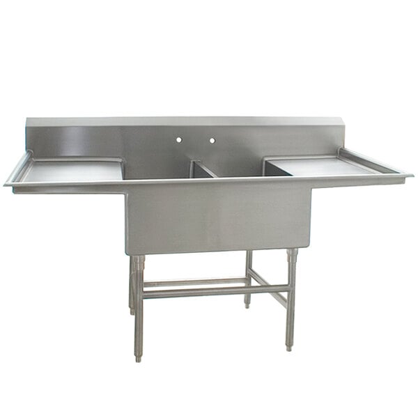 An Eagle Group stainless steel 2 compartment sink with two drainboards.