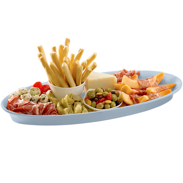 A gray Tablecraft cast aluminum fish platter with food on it.