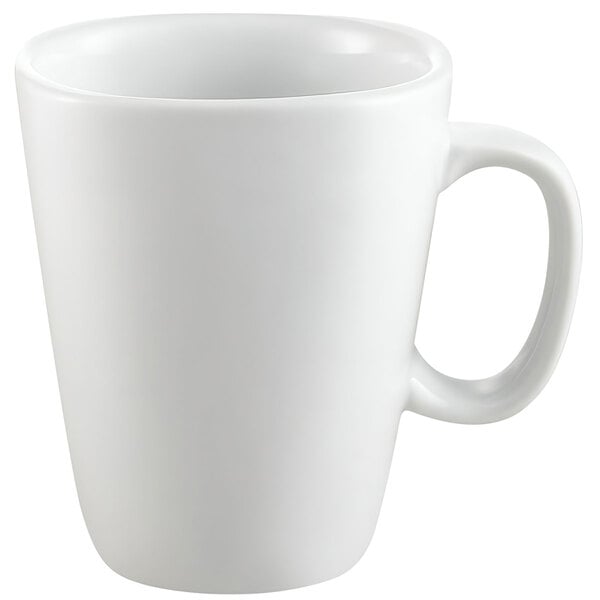 A close-up of the handle of a CAC Bright White square porcelain mug.