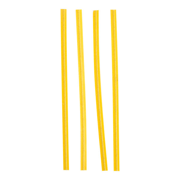 Four yellow twist ties are arranged vertically on a white background.