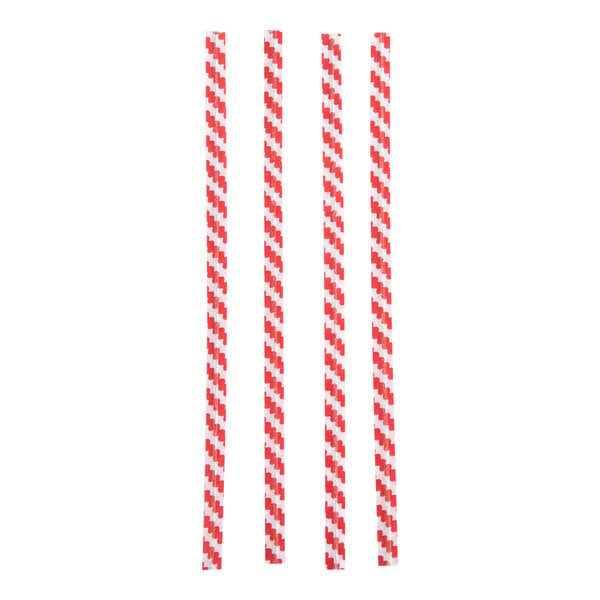 Four red and white striped twist ties are arranged vertically on a white background.