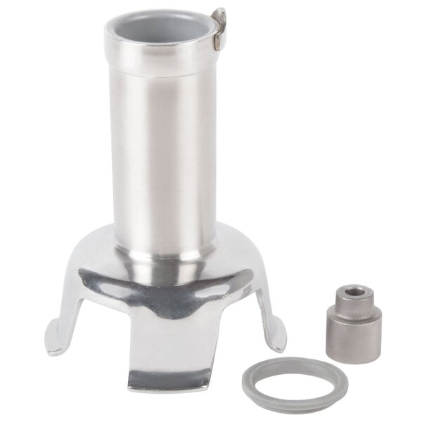 A silver metal Robot Coupe bell cover with a round metal lid.