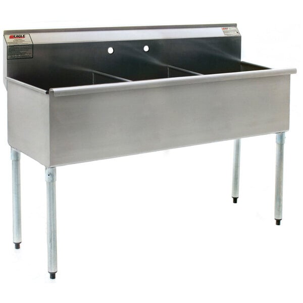 A stainless steel Eagle Group three compartment sink with two drainboards.