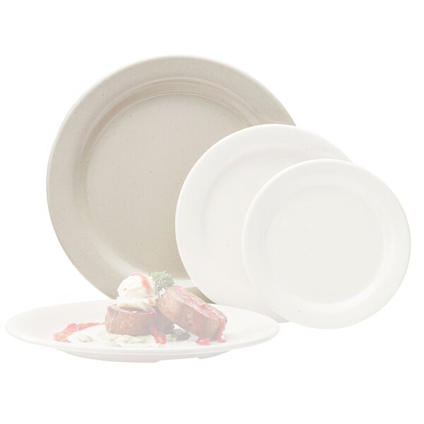 A close-up of a stack of GET Santa Fe Ironstone melamine plates.