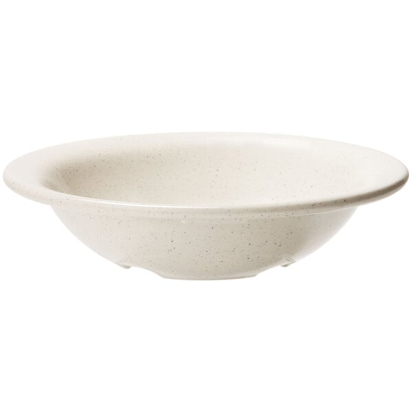 A white bowl with a speckled rim.