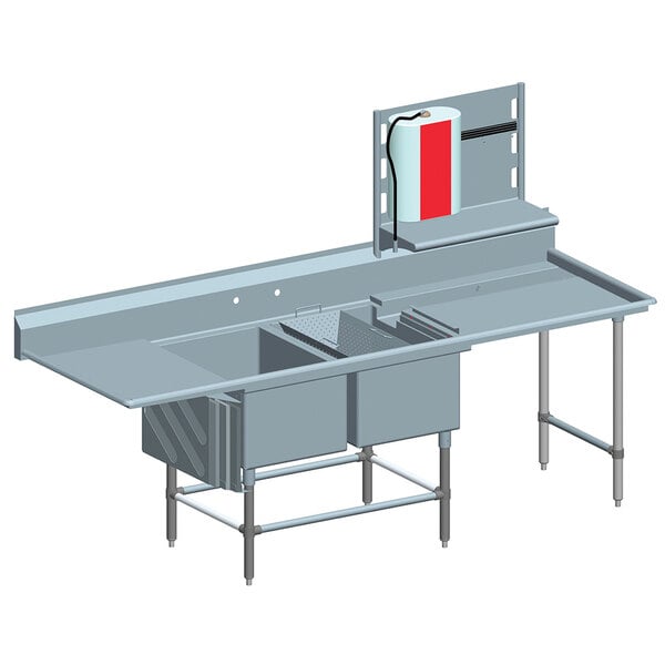 An Eagle Group stainless steel commercial kitchen sink with two bowls, a drainboard, and a right-sided prep area.