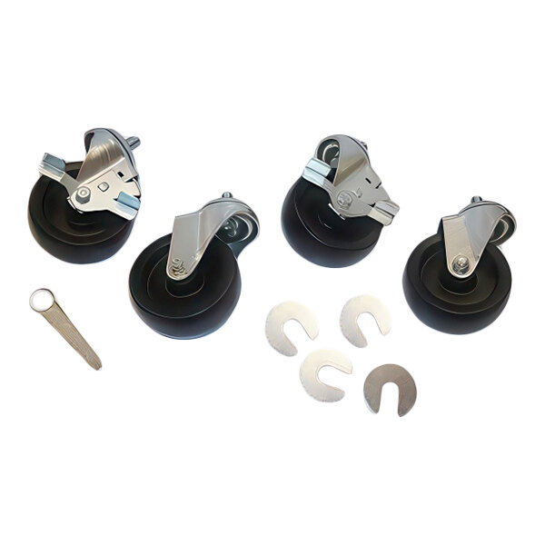 Four black and silver swivel casters with metal stems, accompanied by four metal washers and a small metal tool, all arranged on a white background.